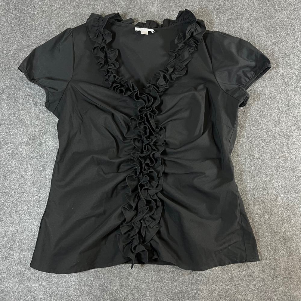 Ann Taylor LOFT Black Ruffle V-Neck Short Sleeve Blouse Top Size 14